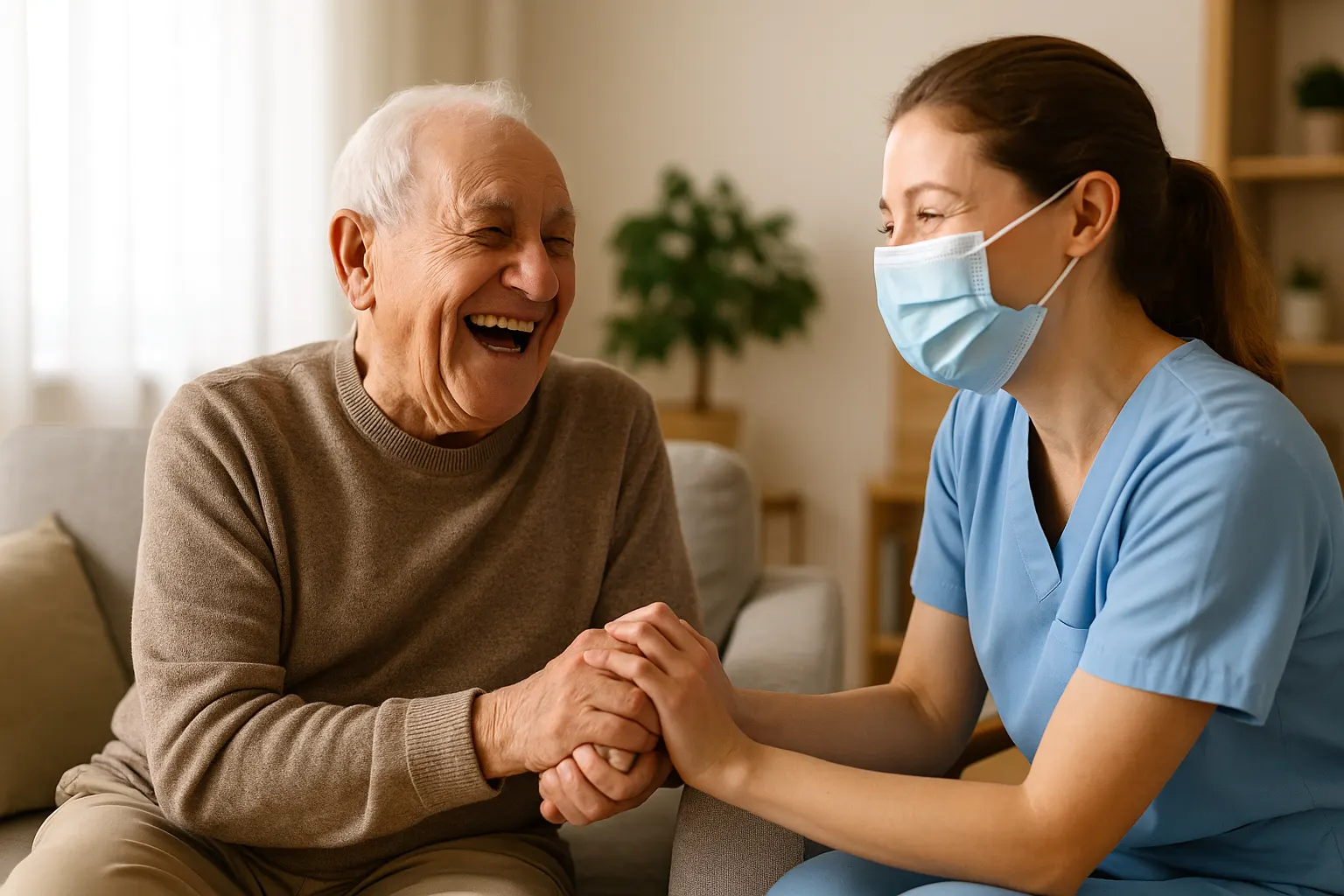 Home care nurse in scrubs holding hands with a smiling elderly man in his living room