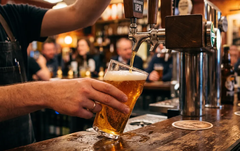 Bartender pouring a draft beer into a pint glass at a busy bar