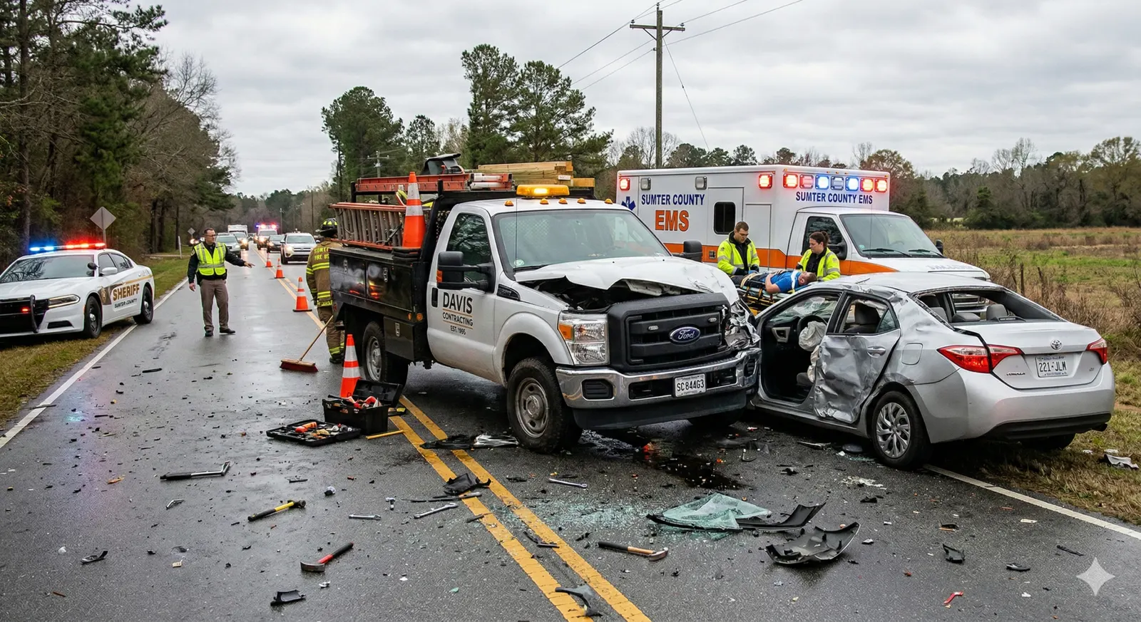 Sheriff deputies and Sumter County EMS responding to a collision between a contractor work truck and a sedan